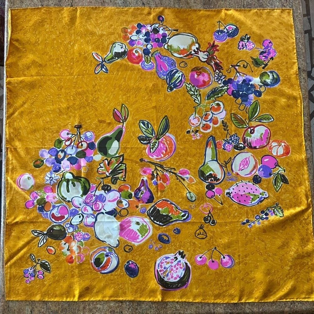 Vintage New Silk Esterel Scarf Made in Italy Orange color with Fruit ~ 33 x 34